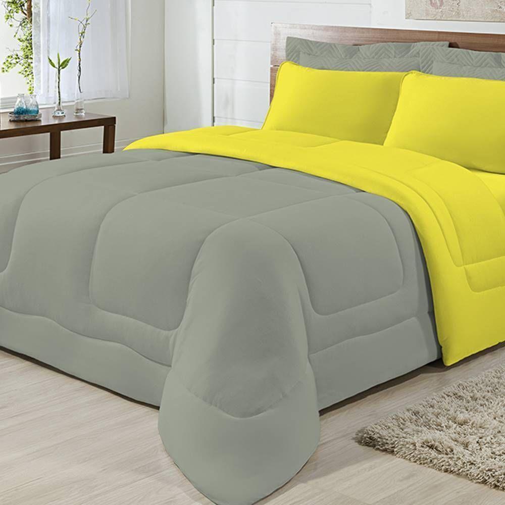 Edredom Dupla Face 100% Algodão Malha Solteiro Gran Moratta 01 Peça - Cinza- Amarelo. - 1