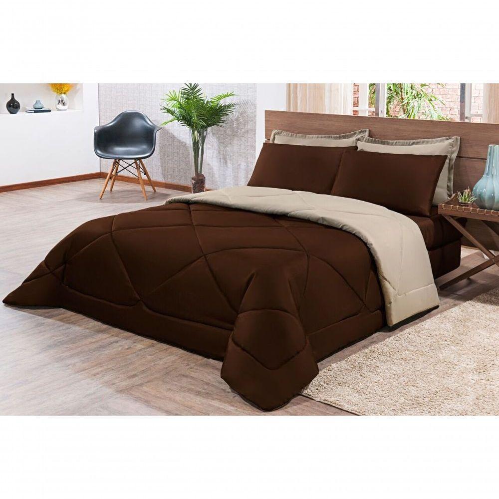 Kit Edredom + Jogo De Lençol Aconchego Look House Dupla Face Casal King 06 Peças - Marrom E Caqui - 1