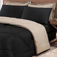 Kit Edredom + Jogo De Lençol Aconchego Look House Dupla Face Casal Queen 06 Peças - Preto- Caqui.