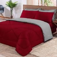 Kit Edredom + Jogo De Lençol Aconchego Look House Dupla Face Casal Queen 06 Peças - Vermelho- Cinza - 2