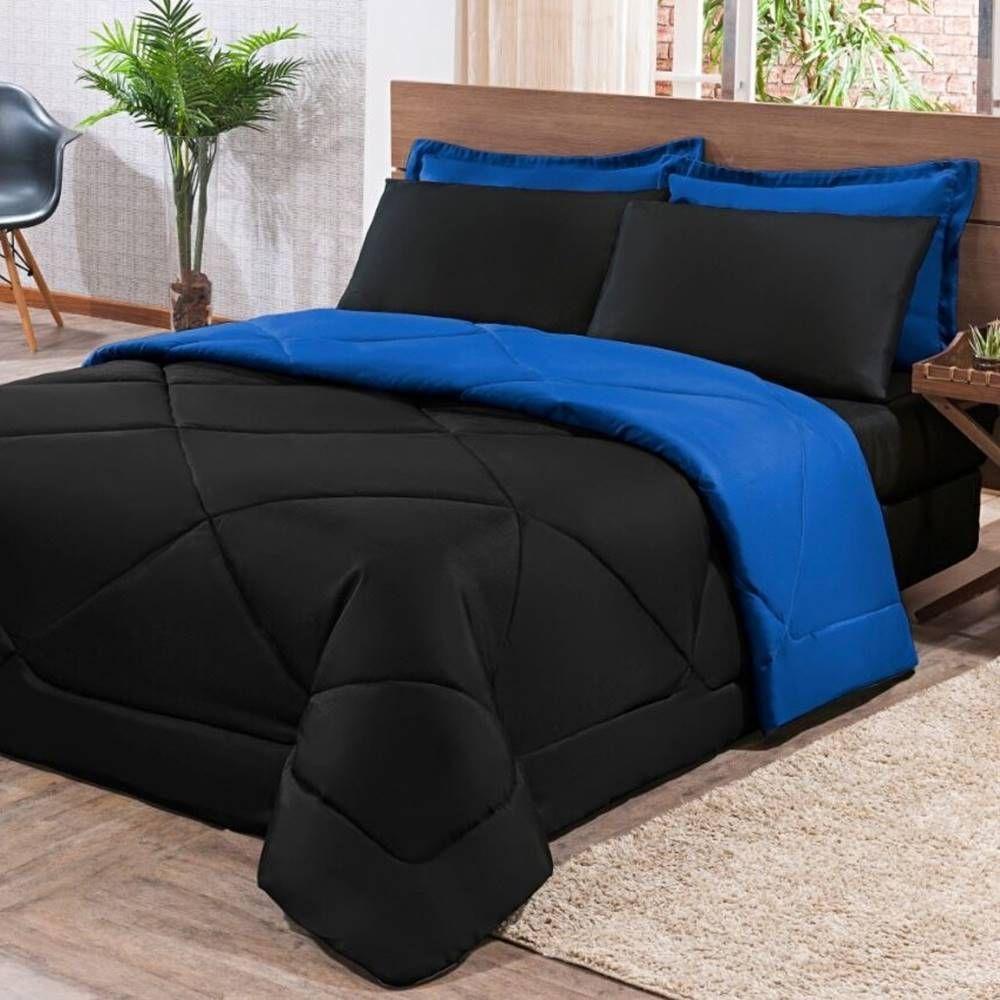 Kit Edredom + Jogo De Lençol Aconchego Look House Dupla Face Casal Queen 06 Peças - Preto- Azul - 7