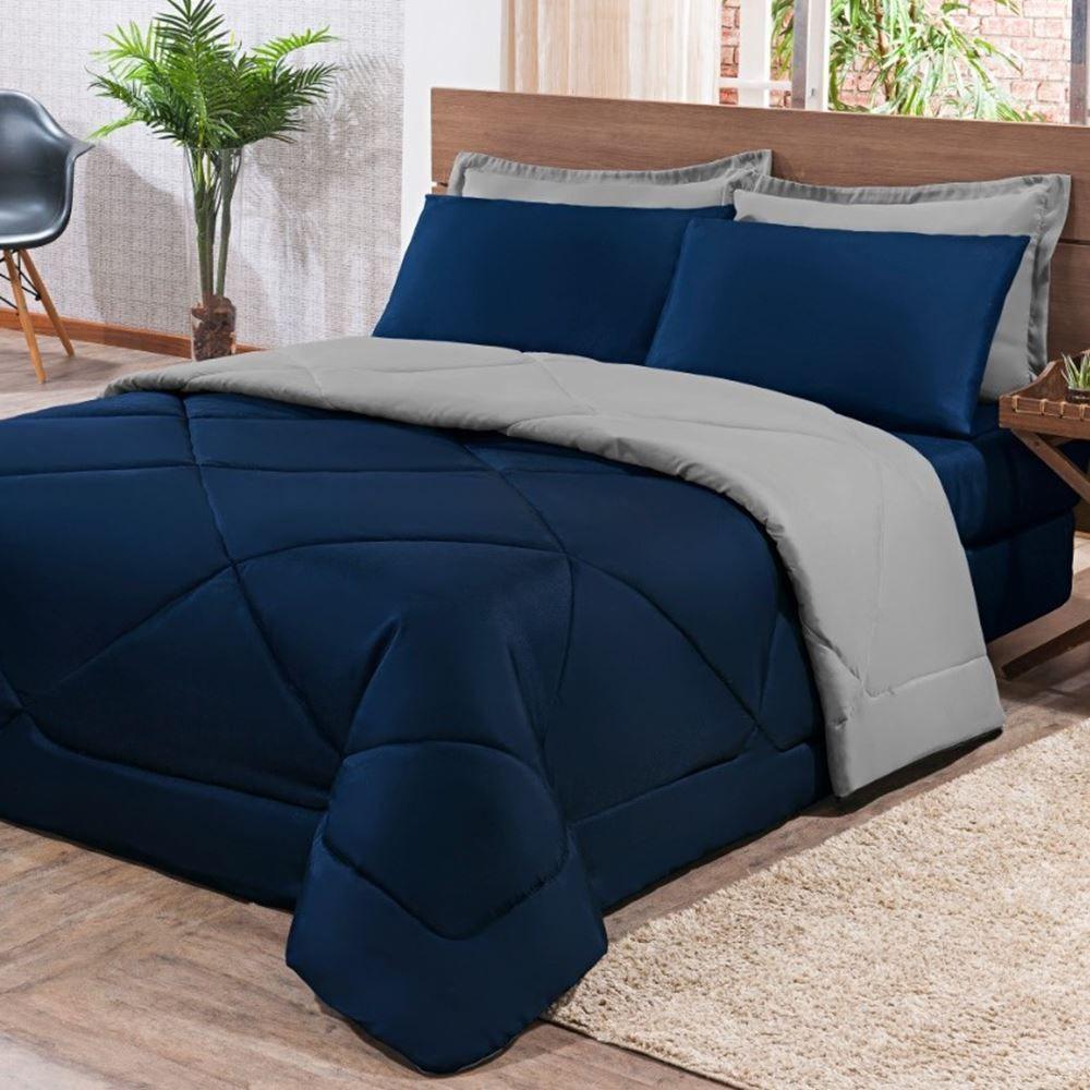 Kit Edredom + Jogo De Lençol Aconchego Look House Dupla Face Casal King 06 Peças - Azul E Cinza. - 4