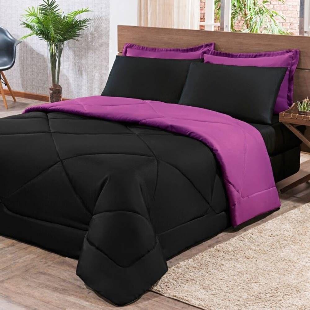 Kit Edredom + Jogo De Lençol Aconchego Look House Dupla Face Casal King 06 Peças - Preto E Roxo - 4
