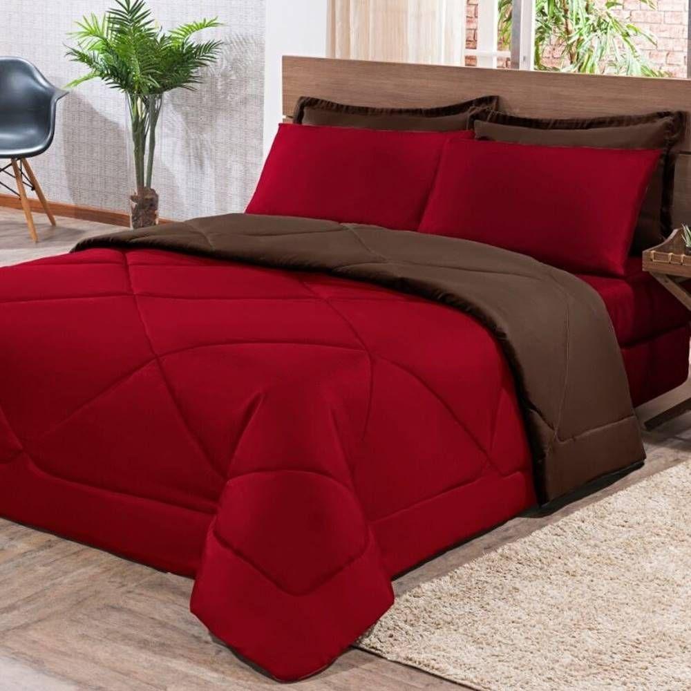 Kit Edredom + Jogo De Lençol Aconchego Look House Dupla Face Solteiro 04 Peças - Vermelho- Marrom - 5