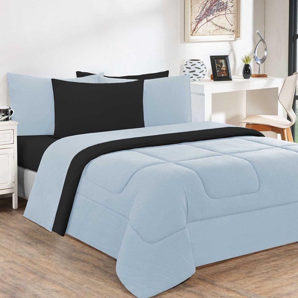 Kit Edredom Malha 100% Algodão Gran Moratta 2 Peças Solteiro - Azul Bebê-preto - 1