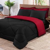 Kit Edredom + Jogo De Lençol Aconchego Look House Dupla Face Solteiro 04 Peças - Preto- Vermelho - 2