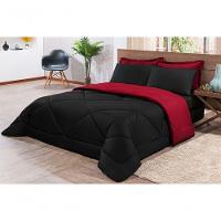 Kit Edredom + Jogo De Lençol Aconchego Look House Dupla Face Solteiro 04 Peças - Preto- Vermelho - 6