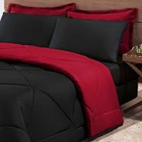 Kit Edredom + Jogo De Lençol Aconchego Look House Dupla Face Casal Queen 06 Peças - Preto- Vermelho