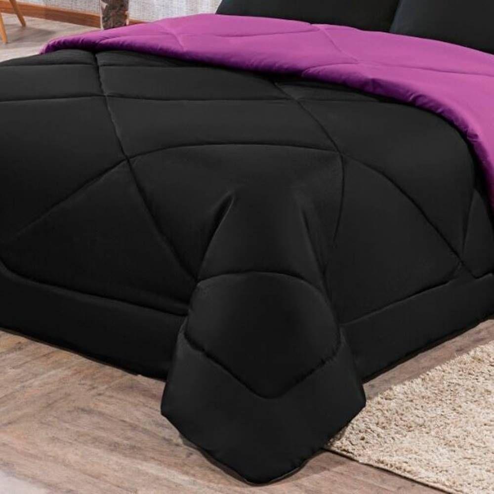 Kit Edredom + Jogo De Lençol Aconchego Look House Dupla Face Solteiro 04 Peças - Preto- Roxo - 6
