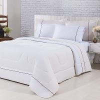 Kit Edredom 100% Algodão Percal 150 Fios Dupla Face Solteiro + Jogo De Cama 5 Peças - Palha-branco - 1