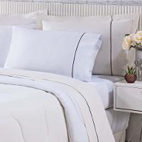 Kit Edredom 100% Algodão Percal 150 Fios Dupla Face Solteiro + Jogo De Cama 5 Peças - Palha-branco