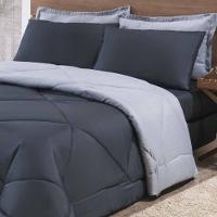 Kit Edredom + Jogo De Lençol Aconchego Look House Dupla Face Casal King 06 Peças - Preto- Cinza.