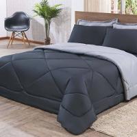 Kit Edredom + Jogo De Lençol Aconchego Look House Dupla Face Casal King 06 Peças - Preto- Cinza. - 7