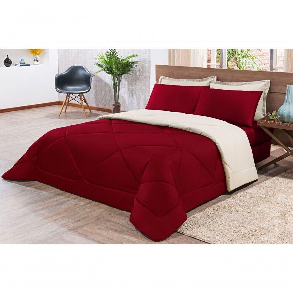 Kit Edredom + Jogo De Lençol Aconchego Look House Dupla Face Casal Queen 06 Peças - Vermelho E Palha - 1