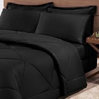 Kit Edredom + Jogo De Lençol Aconchego Look House Dupla Face Casal Queen 06 Peças - Preto.