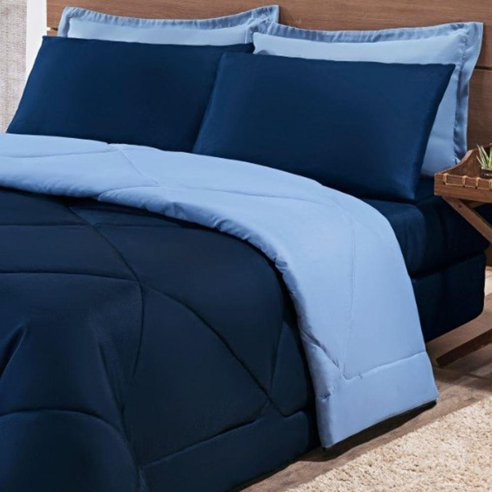 Kit Edredom + Jogo De Lençol Aconchego Look House Dupla Face Casal King 06 Peças - Azul Marinho E Azul - 6