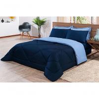 Kit Edredom + Jogo De Lençol Aconchego Look House Dupla Face Casal King 06 Peças - Azul Marinho E Azul - 1