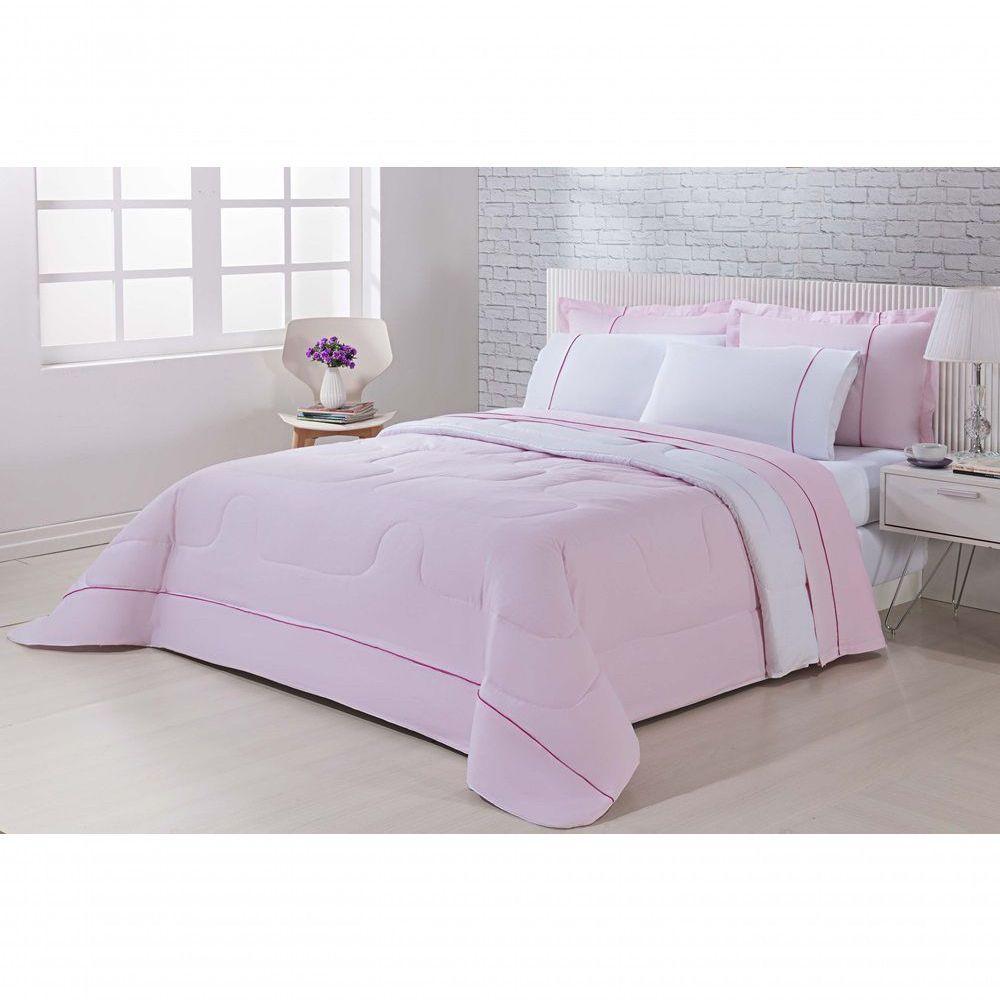Kit Edredom 100% Algodão Percal 150 Fios Dupla Face Solteiro + Jogo De Cama 5 Peças Rosa-branco - 1