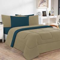 Kit Edredom + Jogo De Lençol Malha 100% Algodão Gran Moratta 4 Peças Solteiro - Avelã-azul Petróleo - 1