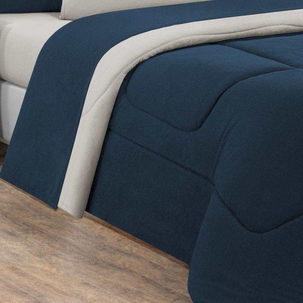 Kit Edredom + Jogo De Lençol Malha 100% Algodão Gran Moratta 5 Peças Solteiro - Azul Marinho-palha - 2