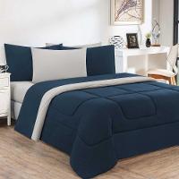 Kit Edredom + Jogo De Lençol Malha 100% Algodão Gran Moratta 5 Peças Solteiro - Azul Marinho-palha - 1