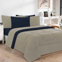 Kit Edredom + Jogo De Lençol Malha 100% Algodão Gran Moratta 5 Peças Solteiro - Avelã-azul Marinho - 1