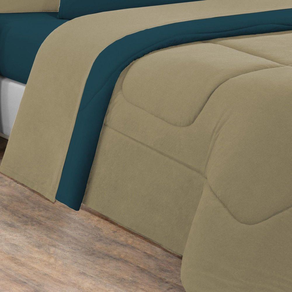 Kit Edredom + Jogo De Lençol Malha 100% Algodão Gran Moratta 5 Peças Solteiro - Avelã-azul Petróleo - 2