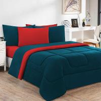 Kit Edredom Malha 100% Algodão Gran Moratta 2 Peças Solteiro - Azul Petróleo-vermelho - 1