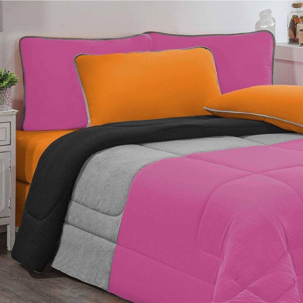Edredom Malha 100% Algodão Urbano 1 Peça Solteiro - Pink-mescla-preto - 2