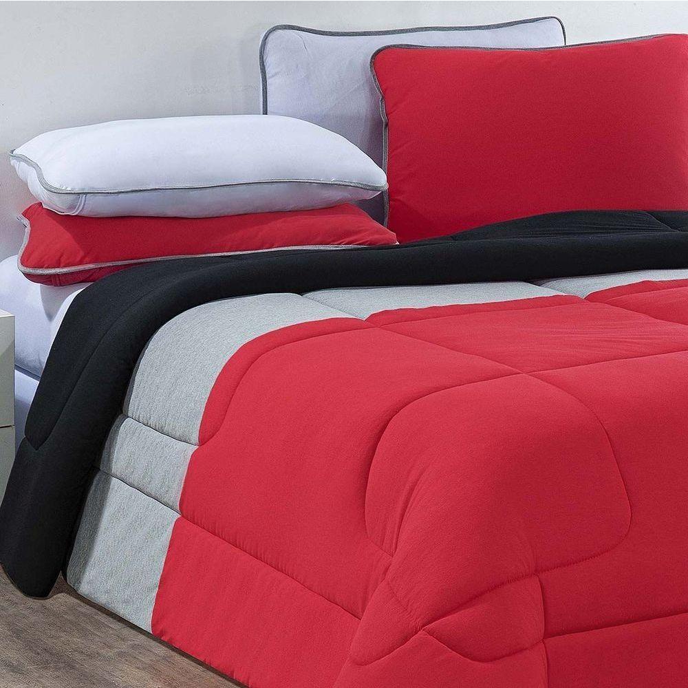 Kit Edredom + Jogo De Lençol Malha 100% Algodão Urbano 4 Peças Solteiro - Vermelho-mescla-branco - 2