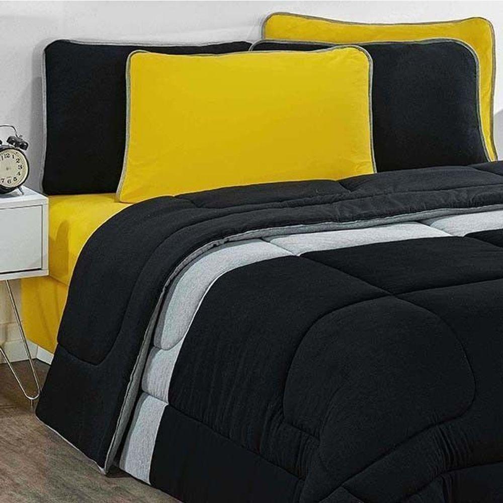 Kit Edredom + Jogo De Lençol Malha 100% Algodão Urbano 4 Peças Solteiro - Preto-mescla-amarelo - 2