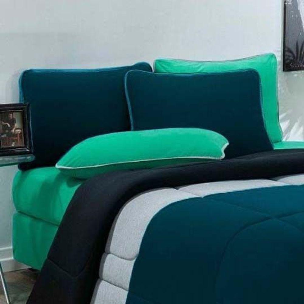 Kit Edredom + Jogo De Lençol Malha 100% Algodão Urbano 4 Peças Solteiro - Azul Petroleo-mescla-verde Jade - 2