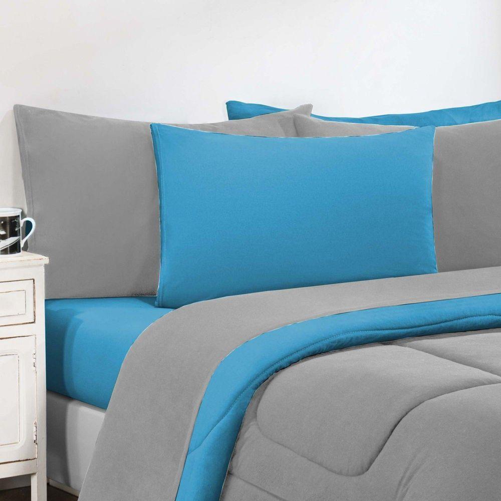 Kit Edredom Jogo De Lençol Malha 100% Algodão Gran Moratta 7 Peças Queen Cinza-azul Turquesa - 2