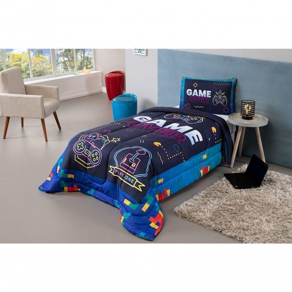 Kit Edredom Plush Fofinho Infantil Dupla Face Dream 2 Peças Solteiro Video Game. - 1