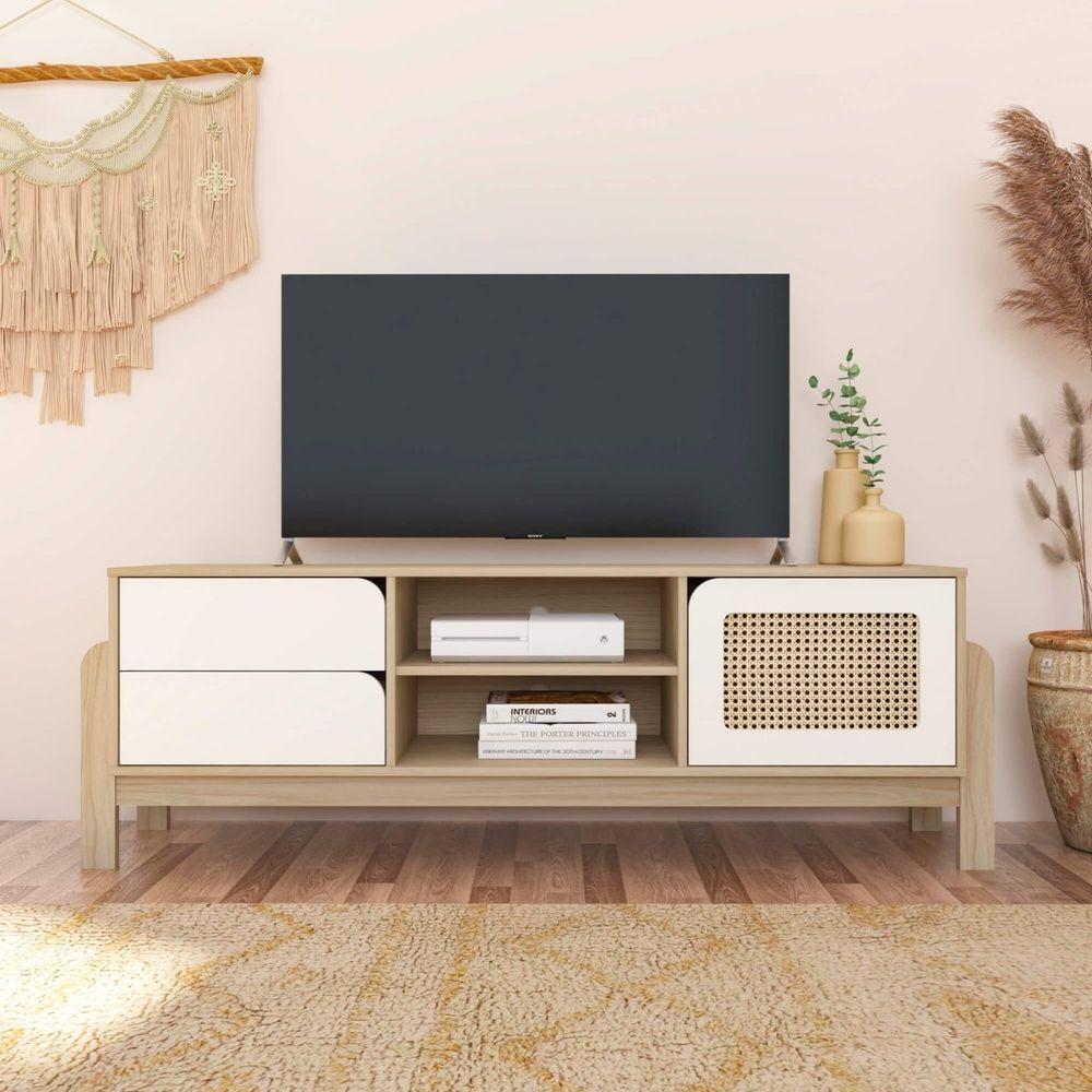 Rack Sala Tv 65 Nature C/ Gavetas Prateleiras E Porta Naturale/ Branco/ Palha - 1