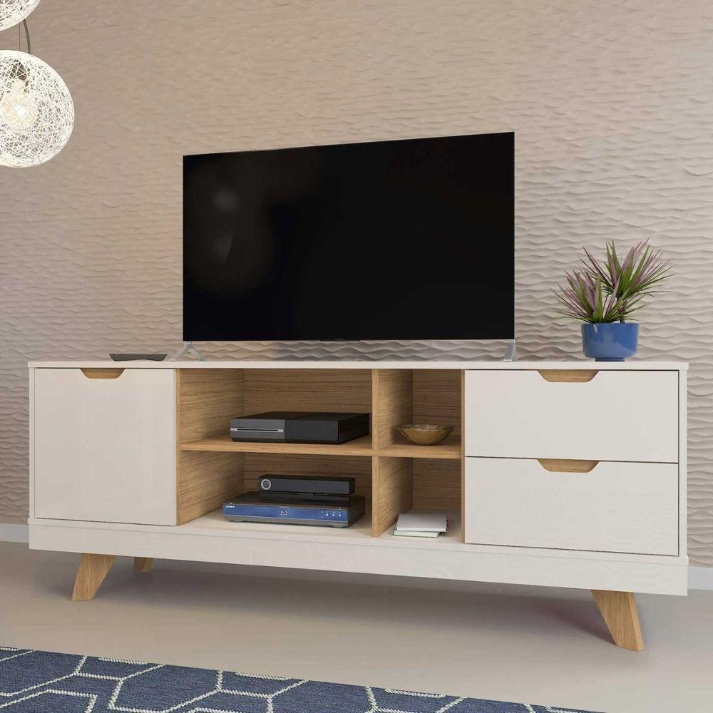 Rack Para Tv Até 65 Michigan Com 2 Gavetas E 4 Nichos Off White/carvalho - 1