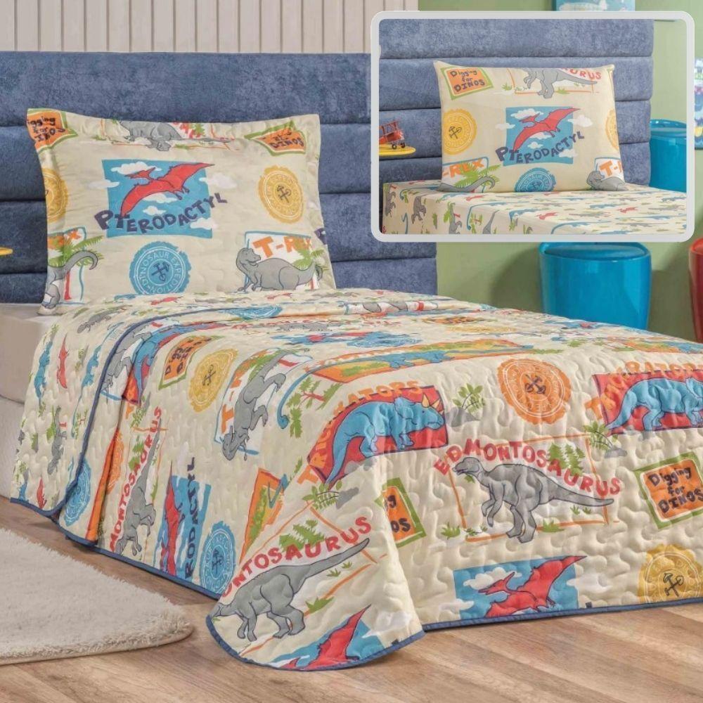 Enxoval Kit Colcha + Jogo De Cama Lençol Bouti Solteiro Infantil Kids 4 Peças - Dino - 1