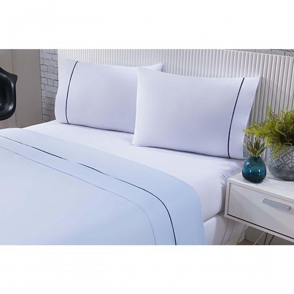 Jogo De Cama 100% Algodão Percal 150 Fios Solteiro Gran Moratta 3 Peças - Branco E Azul - 4