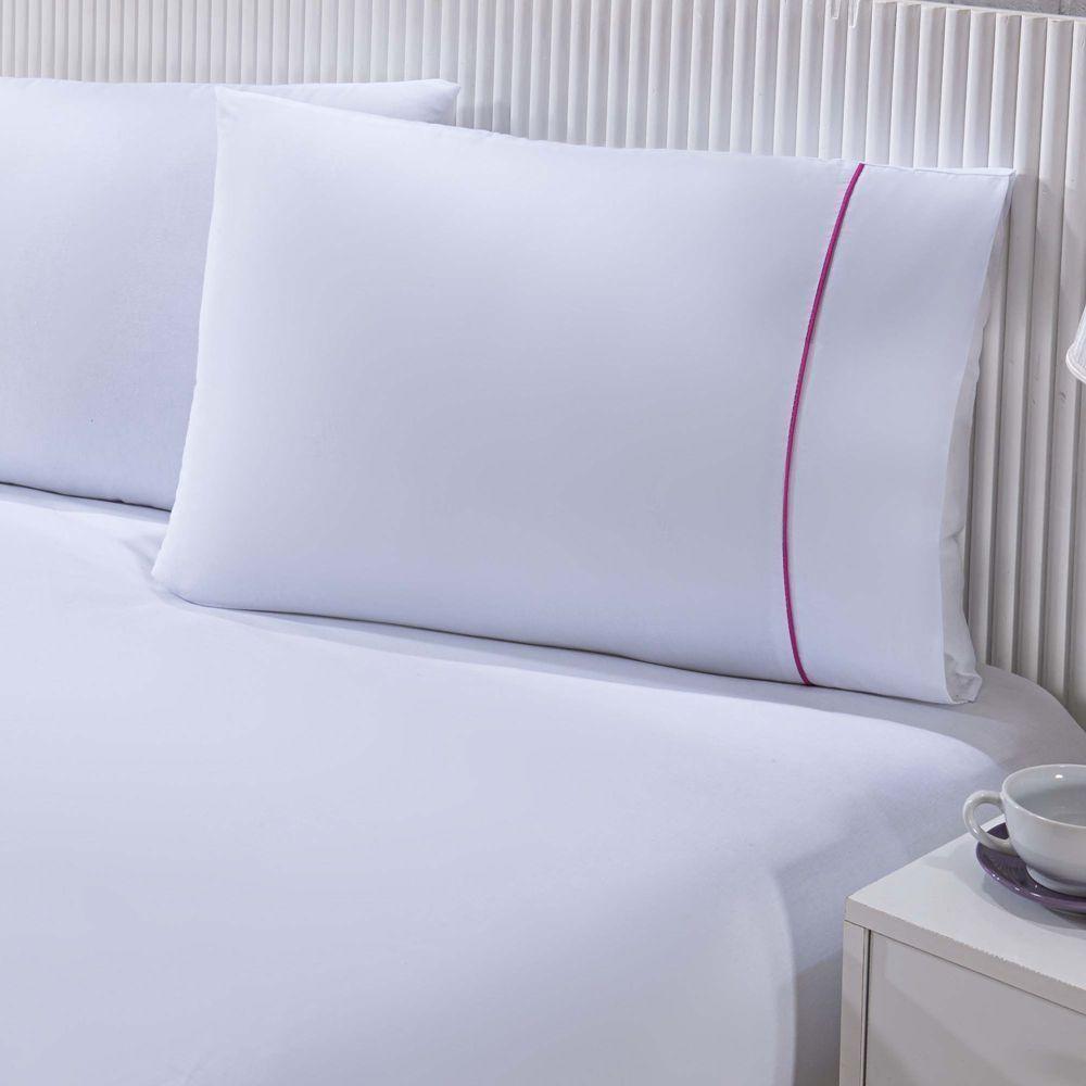 Jogo De Cama 100% Algodão Percal 150 Fios Solteiro Gran Moratta 2 Peças - Branco E Detalhe Rosa - 2