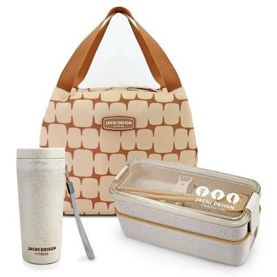 Conjunto Bolsa Térmica Com Copo Com Tampa 300ml E Pote Marmita Ecológica De 2 Andares 750ml Bege