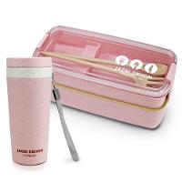 Conjunto Pote De Marmita Ecológica De 2 Andares 750ml E Copo Com Tampa 300ml Lifestyle Rosa - 1