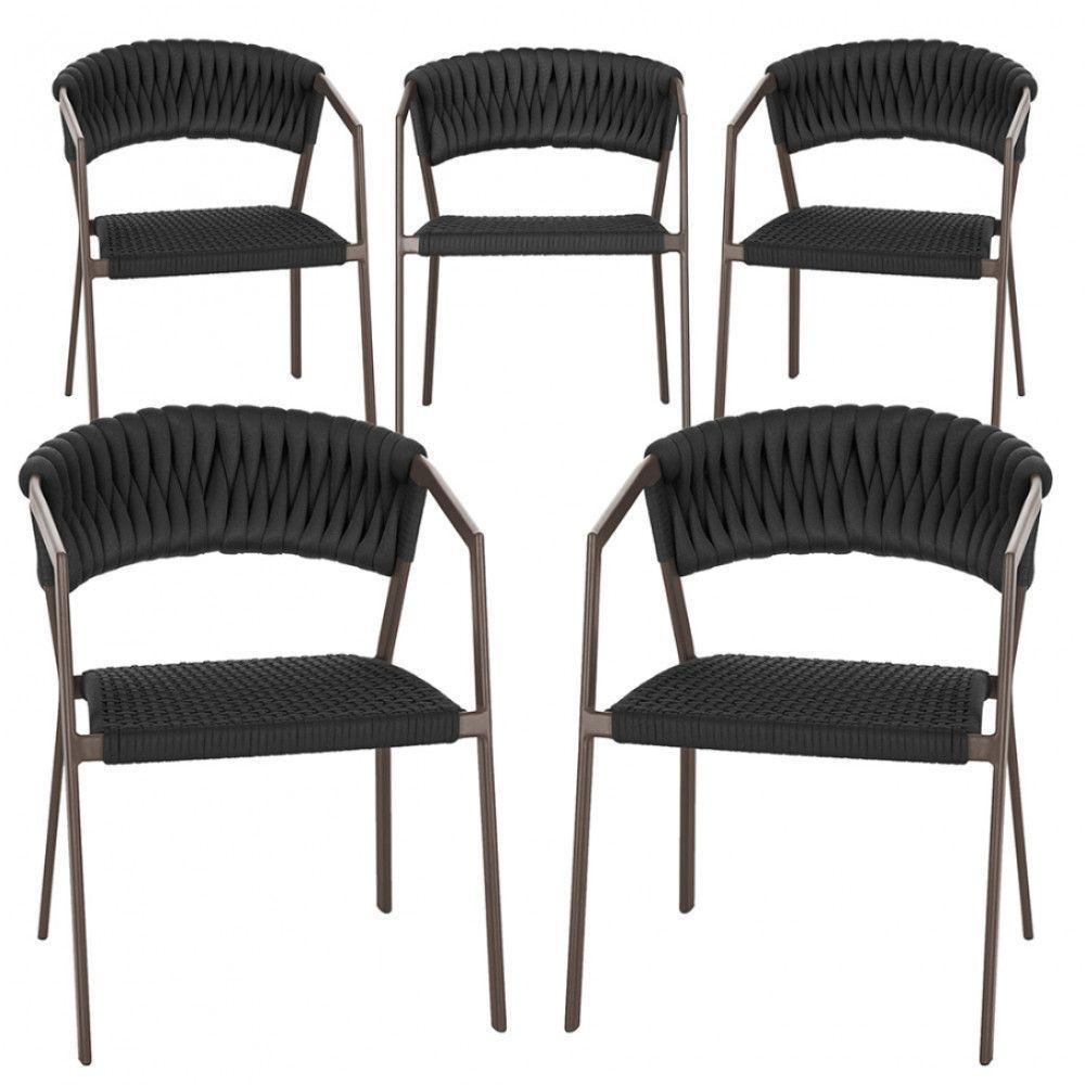 5 Cadeiras Atenas Tricô Náutico E Alumínio Uv Varanda Marrom Preto - 1
