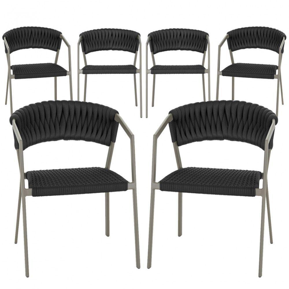 6 Cadeiras Atenas Tricô Náutico E Alumínio Uv Varanda Jantar Preto - 1