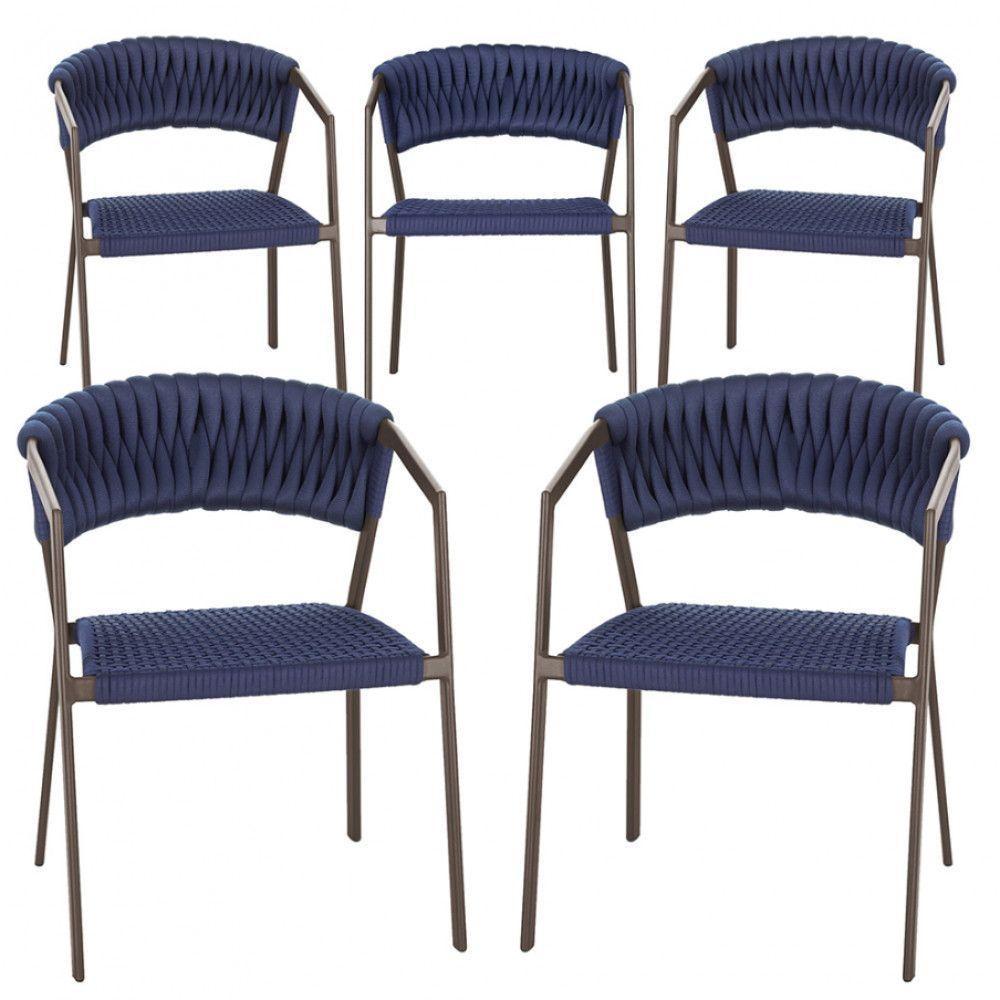 5 Cadeiras Atenas Tricô Náutico E Alumínio Uv Varanda Marrom Azul - 1