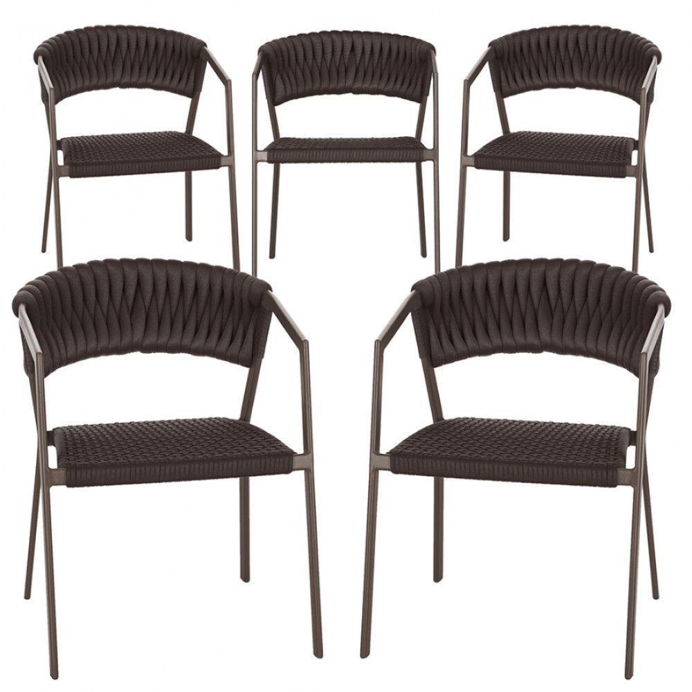 5 Cadeiras Atenas Tricô Náutico E Alumínio Uv Varanda Marrom Marrom - 1