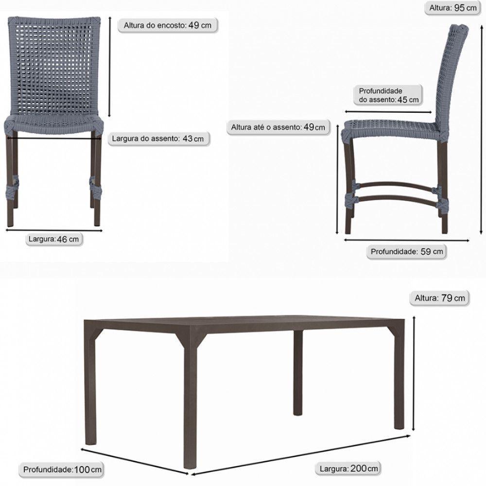Jogo 6 Cadeiras Corda Náutica E Mesa Retangular Ripada 2,00m Prata - 6