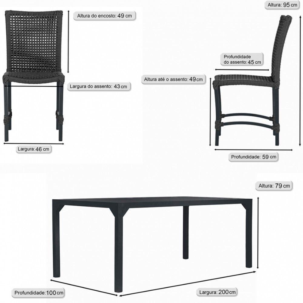 6 Cadeiras Corda Náutica E Mesa Tampo 2,00m Ripado Alumínio Preto - 6