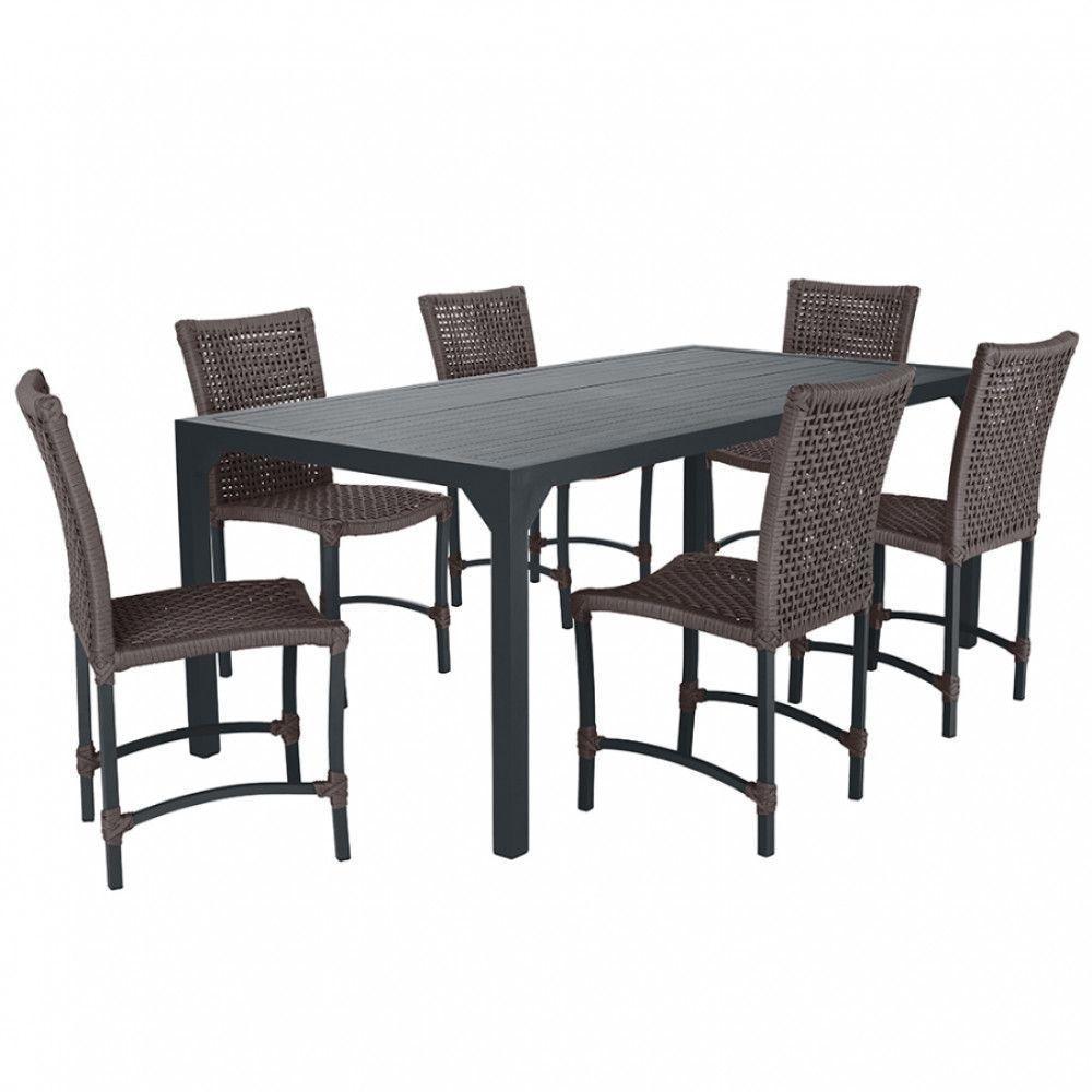 6 Cadeiras Corda Náutica E Mesa Tampo 2,00m Ripado Alumínio Marrom - 1