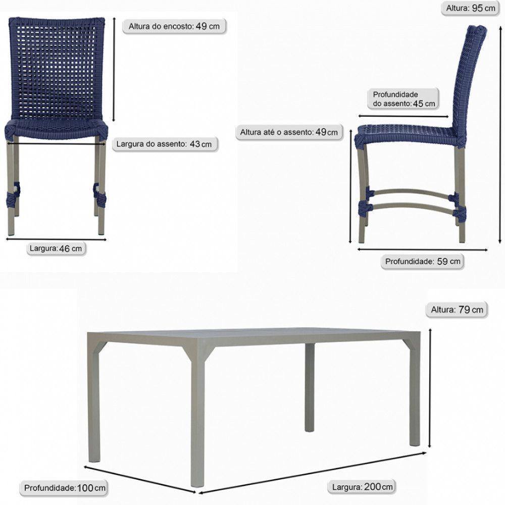 8 Cadeiras Corda E Mesa Tampo Retangular Alumínio Cozinha Azul - 6