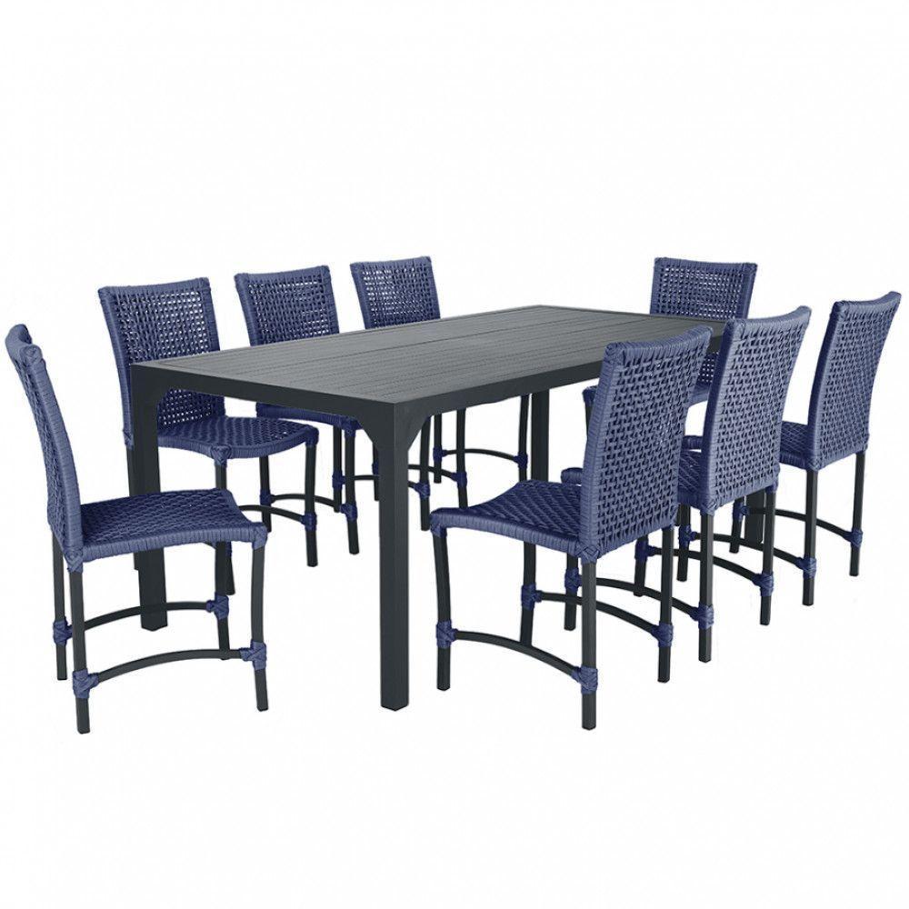 8 Cadeiras Corda Náutica E Mesa Tampo Ripado Retangular 2,00 Azul - 1